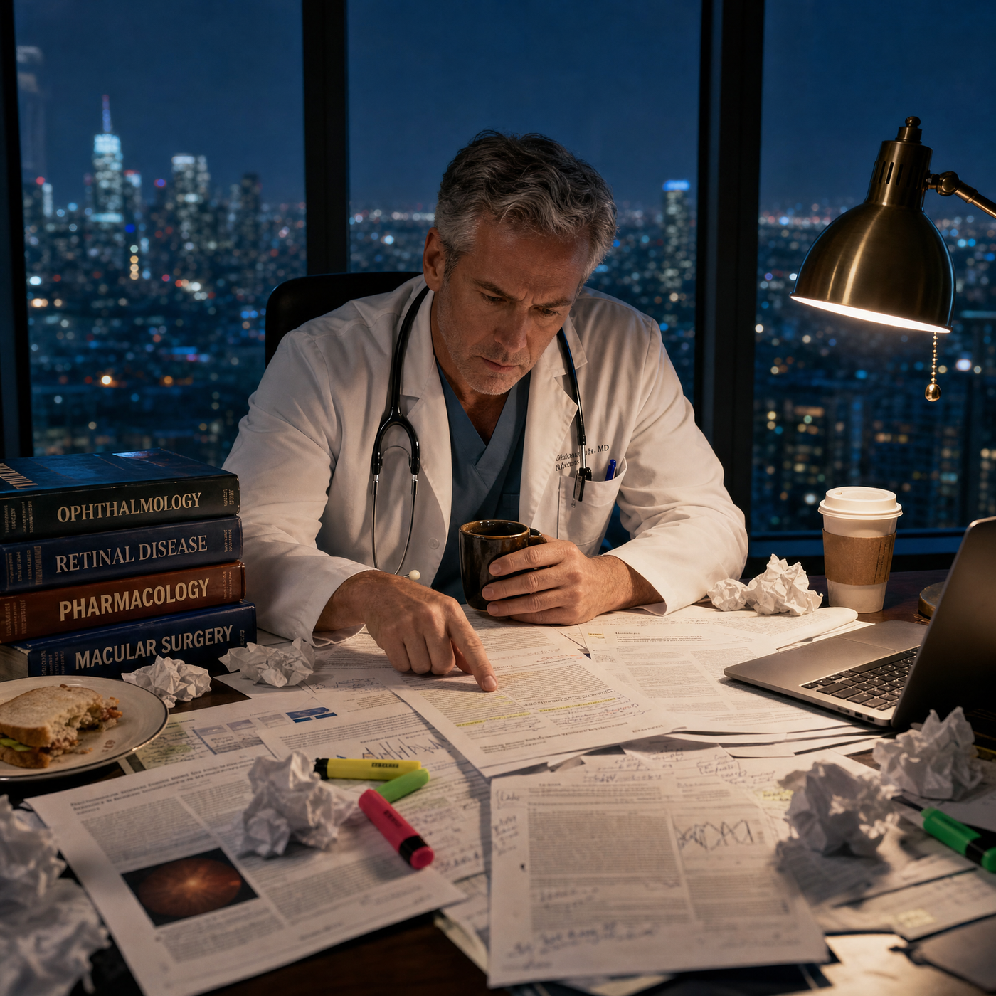 doctor at desk, late night research