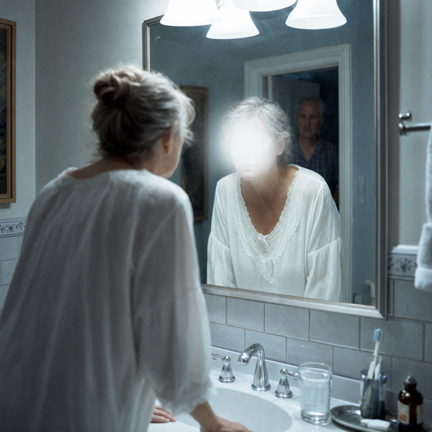 woman at bathroom mirror, night