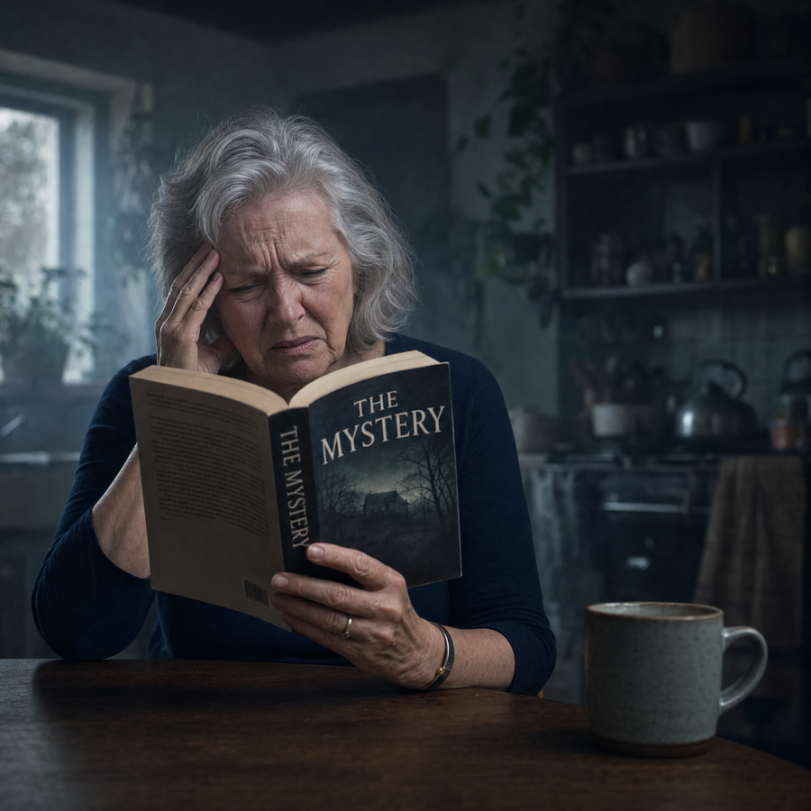 woman squinting at book