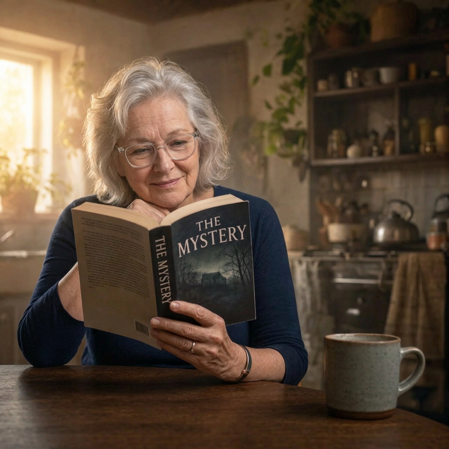 woman reading, smiling